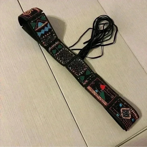 Chico’s Boho Leather Beaded Belt M/L - Picture 1 of 12